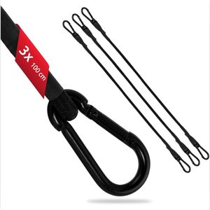 3x spanband met karabijnsluiting 100 cm in zwarte rubberen banden bagagespanband expander voor fiets, auto, bagage, transportbeveiliging