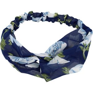 Haarband Twist Bloemen Print Voile Stof Donker Blauw Hoofdband Flower Patroon Bloem