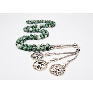 Handgemaakte tesbih ""Tasbih"" natuursteen ""Qinghai hade"" - Aantal kralen 99 - Diameter kralen 8MM - met metaal tassel ""Allah Muzakhrafa"" - Een mooi cadeau-idee