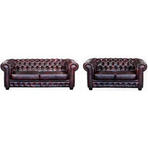 Vente-unique Driezits- en tweezitsbank Chesterfield BRENTON 100% buffelleer - cherry L 201 cm x H 73 cm x D 96 cm