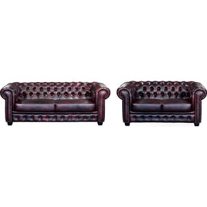 Vente-unique Driezits- en tweezitsbank Chesterfield BRENTON 100% buffelleer - cherry L 201 cm x H 73 cm x D 96 cm