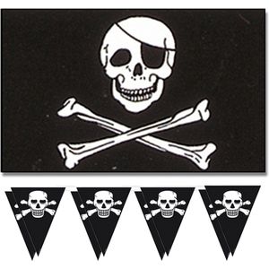 Piraten feestje/verjaardag versiering set 2x vlaggenlijnen en 1x piratenvlag 90 x 150 cm