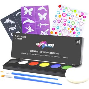 Paintaboo Schminkset op Waterbasis - Set met Penselen, Sponsje, Sjablonen & Glitters - Schmink Palet voor Kinderen - 6 Kleuren - Koningsdag