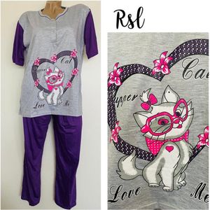 Dames pyjamaset korte mouw lange broek met kattenprint M grijs/paars