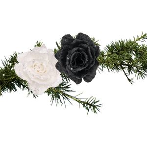 Kerstboomversiering bloemen op clip - 2x st - wit en zwart - 10 cm