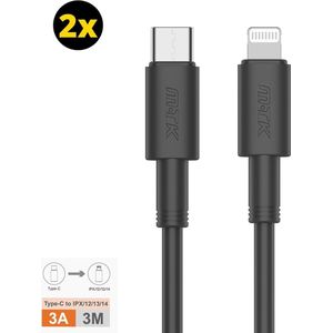 USB C naar iPhone Oplad kabel 3 meter | 3meter iPhone USB-C Kabel | USB C lightning kabel - Zwart – Premium Oplaadset (2-pack)
