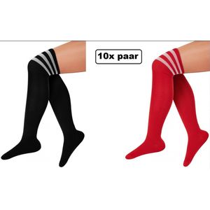 10x Paar Lange sokken rood en zwart met strepen - maat 36-41 - Lieskousen - kniekousen sportsokken cheerleader carnaval voetbal hockey unisex festival