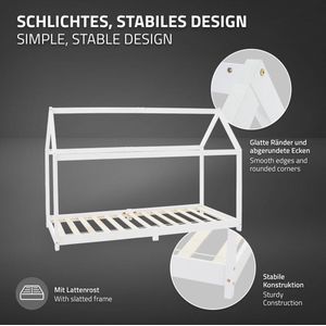 ML-Design - Kinderbed Huisbed - Wit - Dennenhout - Met Dak en Lattenbodem