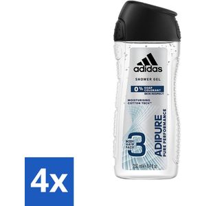 Adidas - 3-in-1 Douchegel - Adipure Pure Performance - Huidvriendelijk - 0% Zeep Kleurstof - 250 ml - Voordeelverpakking - 4 stuks