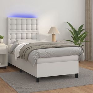 The Living Store Bed Ledstrip - Wit - 203 x 80 x 118/128 cm - Duurzaam kunstleer - Verstelbaar hoofdbord - Pocketvering matras - Huidvriendelijk topmatras - Inclusief montagehandleiding