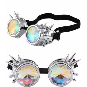KIMU Goggles Steampunk Bril Met Spikes - Zilver Chroom Montuur - Caleidoscoop Glazen - Spacebril Space Caleidoscope Holografisch Festival