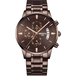 NIBOSI Horloges voor mannen - Horloge mannen – Luxe Coffeekleurig Design - Heren horloge - Ø 42 mm – Coffee - Roestvrij Staal - Waterdicht tot 3 bar - Chronograaf - Geschenkset met verstelbare pin