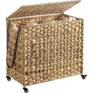 Hand Woven Laundry Basket with Lid - Rattan Style - 3 Compartments - Handles - Removable Liner - Pockets - Natural