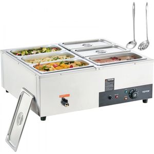Rvs buffetwarmer voedselwarmer 1500 W 6 x 8,8 L buffetbakken 176 x 325 x 150 mm Elke bak is te gebruiken inclusief deksel & aftapkraan &
