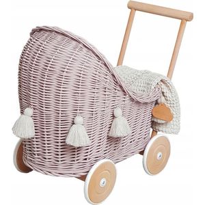 POPPENWAGEN - RIETEN - HOUT - HANDGEMAAKT - VUILE ROZE