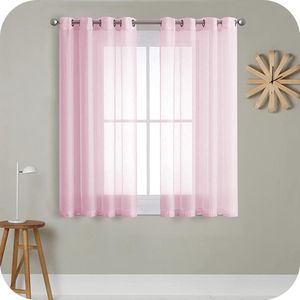 Vitrage, voile stof, halfdoorzichtig, kort, met ingestanste ringen, linnenlook, voor woonkamer, slaapkamer, kinderkamer, roze, 160 x 140 cm (h x b), 2-delige set