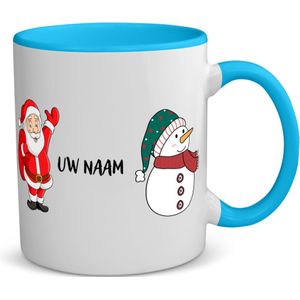 Akyol - kerst mok sneeuwpop en kerstman met eigen naam koffiemok - theemok - blauw - Kerstmis - kerst beker - winter mok - kerst mokken - christmas mug - kerst cadeau - 350 ML inhoud