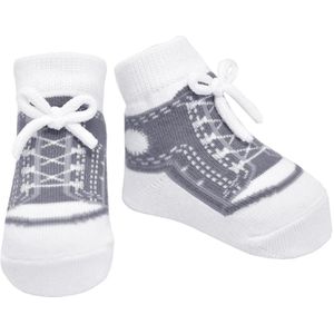 Stepping Out Sneaker sokjes-grijs- voor baby 0-12 maanden. Witte vetertjes-Anti slip zooltjes-Kraamcadeau-Baby shower