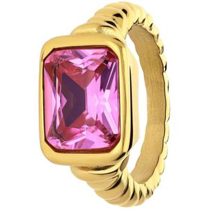 Lucardi Dames Stalen goldplated vintage ring met roze zirkonia - Ring - Staal - Goudkleurig - 20 / 63 mm