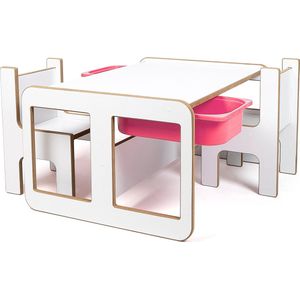 Industrial Living Kindertafel met 2 roze opberglades - Kinderbureau - Activiteitentafel - Speeltafel met 2 kinderstoelen - Tekentafel - Hout - Wit