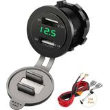 12V USB Autolader 2 Poorten Inbouw met Voltmeter/Aansluitkabel - 4.2A/5V - PVM1-G - USB Stopcontact Auto, Boot en Camper - Groen