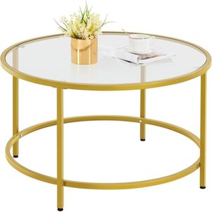 Salontafel, ronde koffietafel met verstelbare beschermpoten, bijzettafel, woonkamertafel van gehard glas en metalen frame, moderne glazen tafel voor woonkamer/balkon, 80 × 80 × 45 cm, mosterdgeel