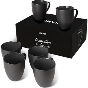 - 6 x 350 ml Koffiekopjes/Koffiemokken Set - Set van 6 moderne kopjes - Le Papillon Collectie (Zwart)