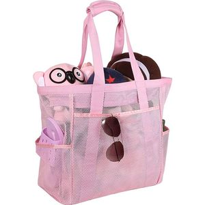 Mesh strandtas, extra grote opvouwbare boodschappentassen voor familie, vakantie, zwemmen, shopper, reizen, picknick, roze