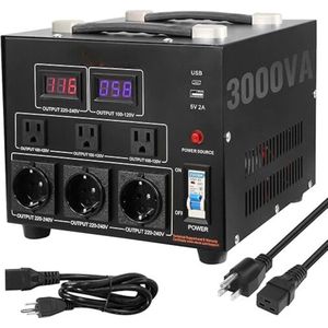 3000W spanningsomvormertransformator AC 110V⇋220V transformatoromvormer 3 US 5-15R 3-pins uitgangsaansluitingen, 3 Europese Shucko-uitgangsaansluitingen, 1 USB vrouwelijk en 1 Type-C vrouwelijk