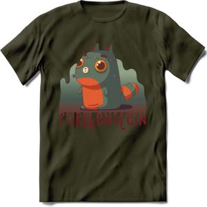 Monster van Purrkenstein T-Shirt Grappig | Dieren katten halloween Kleding Kado Heren / Dames | Animal Skateboard Cadeau shirt - Leger Groen - S