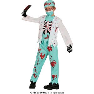 Guirca - Dokter & Tandarts Kostuum - Dol Op Bloed Zombie Chirurg Kind Kostuum - Blauw, Wit / Beige - 5 - 6 jaar - Halloween - Verkleedkleding