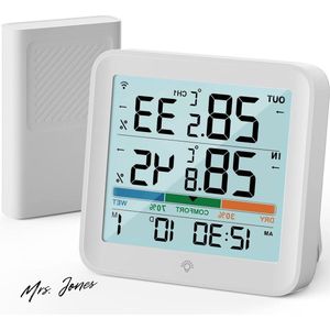 Mrs. Jones Binnen- en buitenthermometer hygrometer luchtvochtigheidsmonitor digitale temperatuurmeter weerstations met lcd-achtergrondverlichting - Wit .