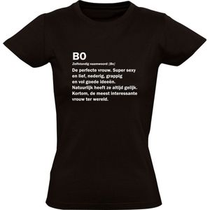 Bo | Dames T-shirt | Zwart | Naam | Namen |  Meisjesnaam | Woordenboek | Encyclopedie | Verjaardag | Grappig | Cadeau
