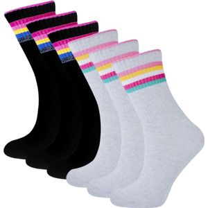 6 Paar meisjes sokken - Glitter-Strepen - Zwart/Grijs - Maat 23-26
