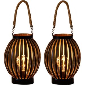 2x stuks led sfeer lantaarns/lampen zwart/goud rond met timer B16 x H22 cm - Woondecoratie/kerstversiering sfeerverlichting