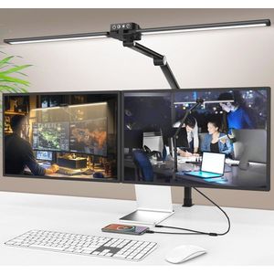 Dimbare LED Bureaulamp met Gebarenbesturing en USB-C, Extra Brede Dubbele Kop en Oogbescherming - Ideaal voor Thuiswerk