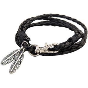 Armband Heren - Zwart Leer met Stalen Hanger - Armbanden Heren Dames - Cadeau voor Man - Mannen Cadeautjes