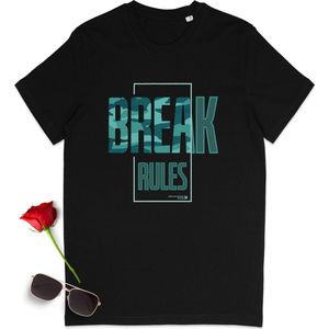 T-shirt met gezegde: Breek de regels - Tshirt met engelse quote: Break Rules - Dames t shirt met print - Heren tshirt met opdruk - Tshirt mannen - t Shirt vrouwen - Unisex maten: S M L XL XXL XXXL - Tshirt kleuren: Wit en Zwart.