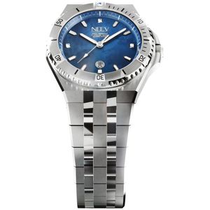 NEEV - Dames Horloge - Ø34 mm - Yade - Blauw Parelmoer Wijzerplaat - Staal - Stainless Steel - Sieraden - Quartz- Horloge
