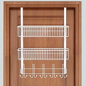 Deurhaken om op te hangen, 15 kleerhangers, haken met 2 mesh-manden, opbergrek, kledinghaken, deur, wit, mand voor garderobehaken, deurhanger, hangrek badkamer, hangrek keuken