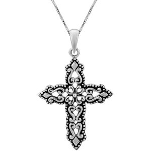Zilveren ketting dames | Zilveren ketting met hanger, kruis met sierlijke details en bolletjes