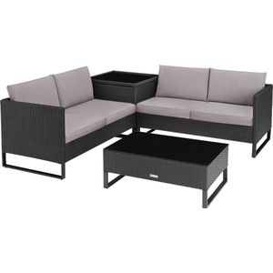 tectake® wicker loungezitgroep, tuinmeubelset met bank, tafel met glazen blad, opbergbox, weerbestendig buitenkussen, tuin-, balkon-, terras- of wintertuinmeubels - zwart - poly-rattan