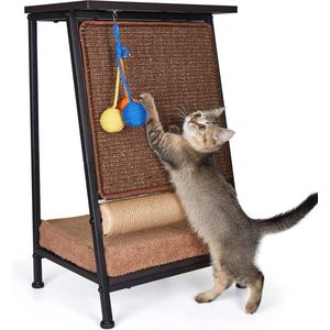 Kattenbed grot met sisal krabpaal en verwijderbare krabmat, A-vorm multifunctioneel kattenmeubel voor alle katten, ook gebruikt als bijzettafel, vintage kattentafel met kussens en speelballen