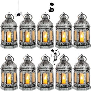 Set van 10 mini-lantaarns, decoratie, zilver, tafeldecoratie, kleine lantaarns om op te hangen, met led-kaarsen voor Halloween, bruiloft, Kerstmis, batterijen inbegrepen