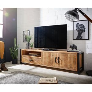 Tv-meubel Crompton 220 cm mango natuur metaal zwart 2 deuren 2 schuiflade 1 vak