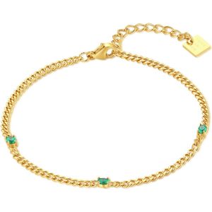 Twice As Nice Armband in goudkleurig edelstaal, gourmet ketting met 3 groene zirkonia stenen 15 cm+3 cm