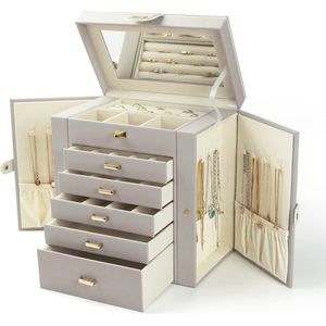 6-Layer Large Jewelry Box Organizer with Mirror and 5 Drawers for Women - Rings Earrings Necklaces Bracelets Grey