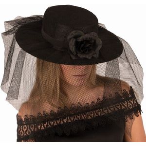 Halloween - Zwarte dameshoed met sluier en bloem