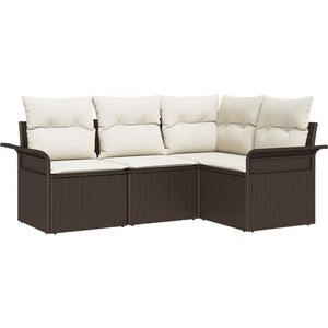 vidaXL - 4-delige - Tuin - Sofa - Set - met - Kussens - Bruin - Poly - Rattan
