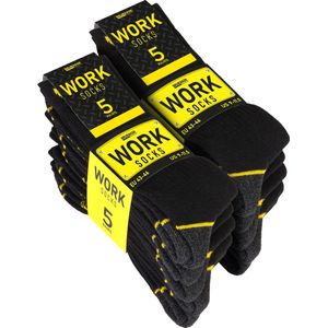 BRUBAKER - Werksokken - 10 Paar - WORK Sokken voor optimale grip op het werk - Robuuste Functionele Sokken - Katoen - Versterkte hiel en teen - Zwart Geel - Maat 47-50
